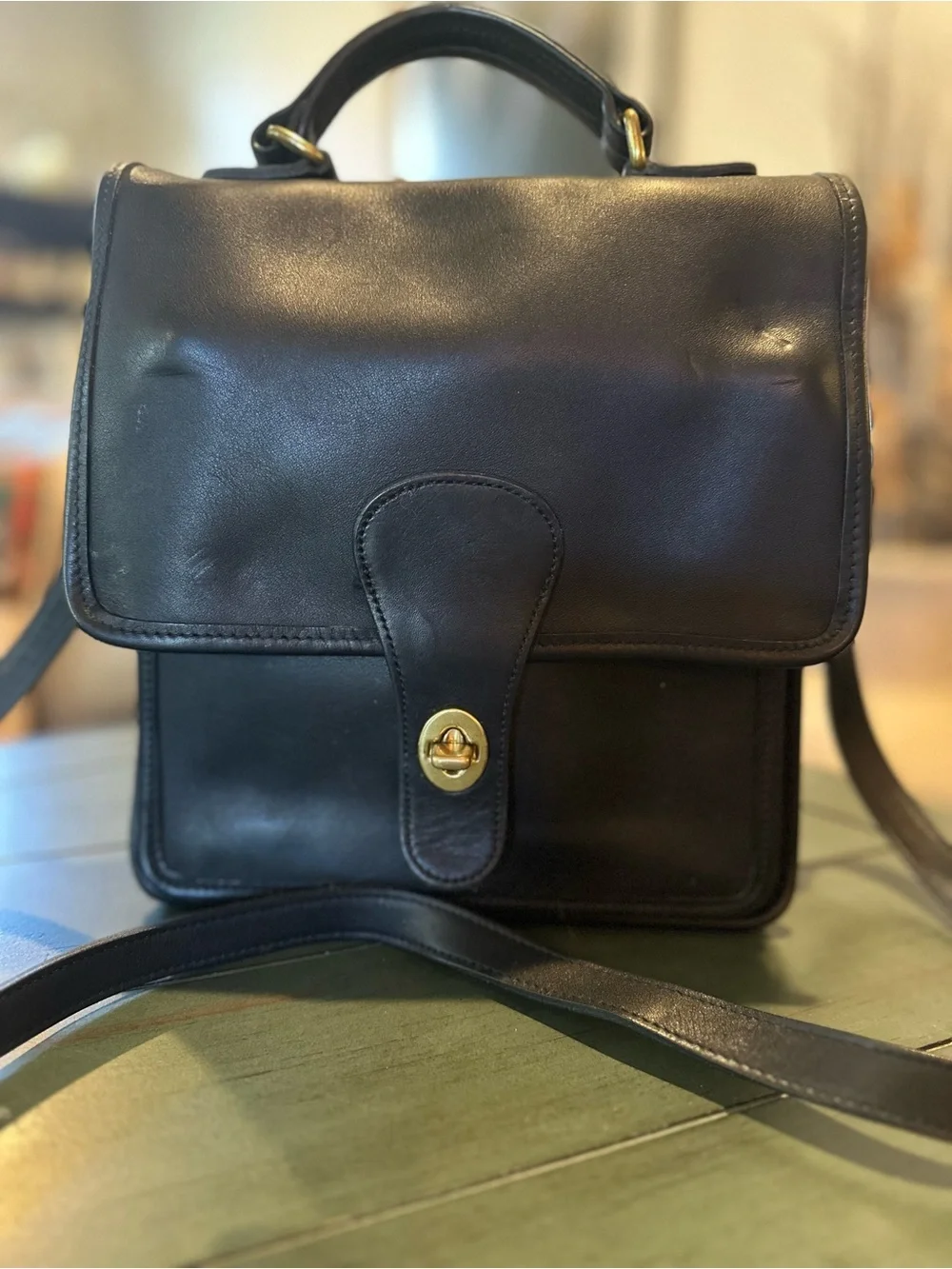 Coach Black Leather Crossbody Satchel with Gold Hardware